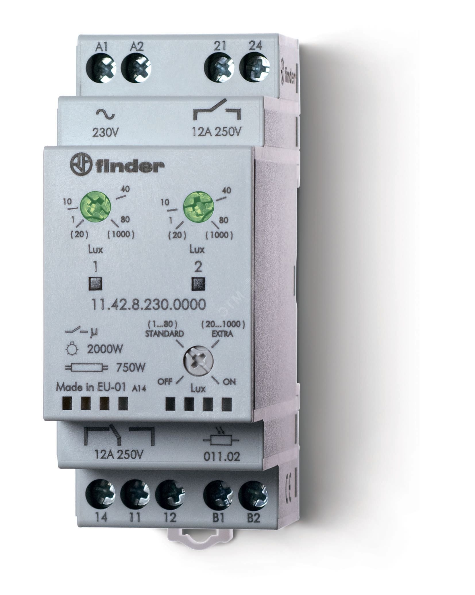 Фотореле модульное с фотоэлементом 011.02, монтаж на рейку 35мм, 1CO+1NO 12A (2 канала), питание 230В АC, настройка чувствит. 1…80люкс, 20…1000люкс, ш
