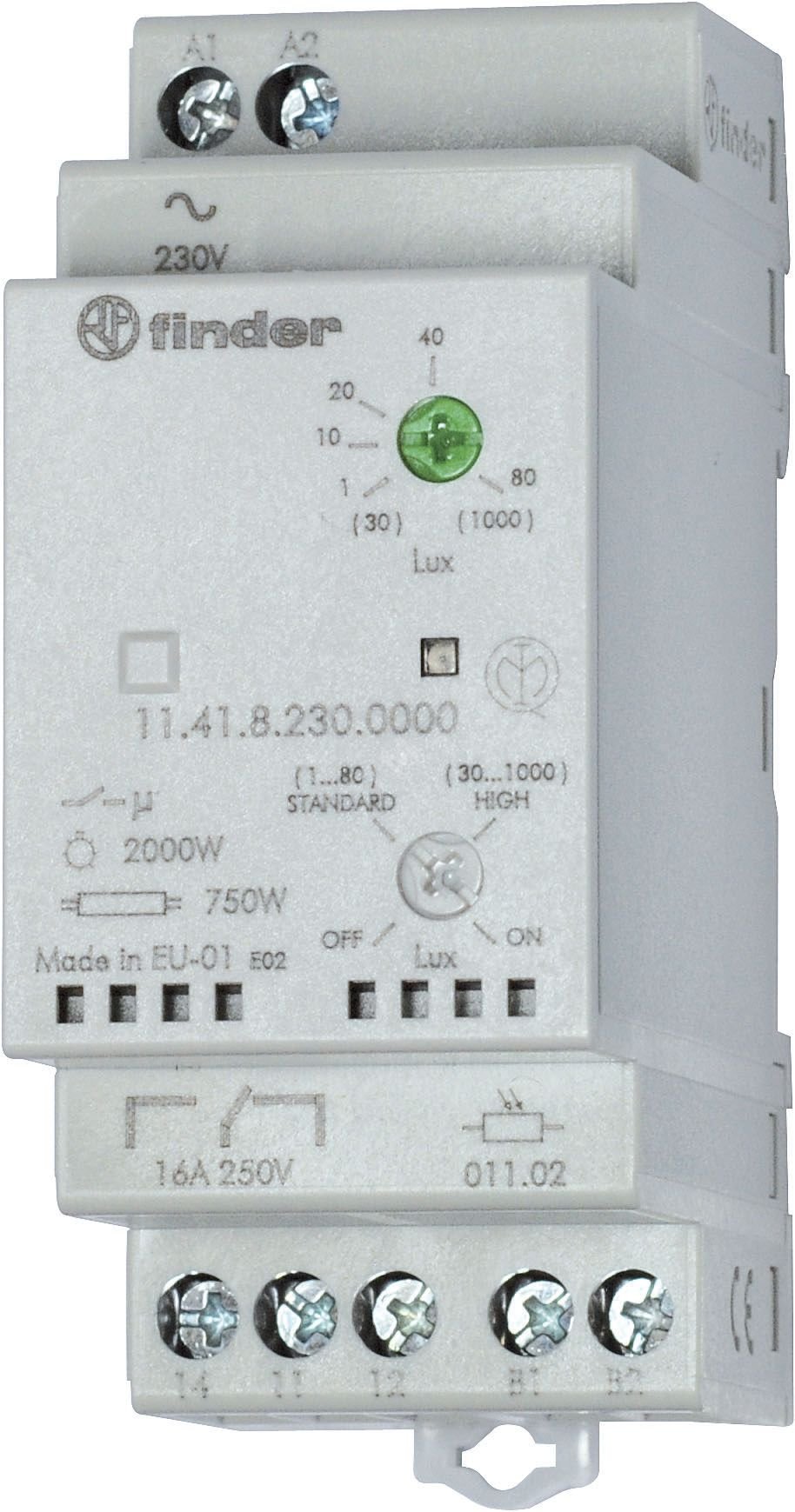 Фотореле модульное с фотоэлементом 011.02, монтаж на рейку 35мм, 1CO 16A, питание 230В АC, настройка чувствит. 1…80люкс, 30…1000люкс, ширина 35мм, сте