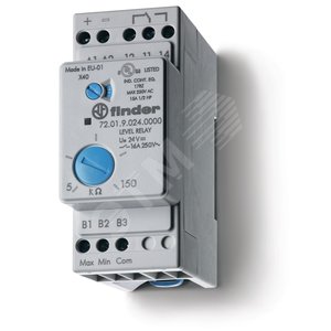 Реле контроля уровня, настраиваемый диапазон чувствительности 5…150кОм, питание 24В DC, выход 1CO 16А, модульное, ширина 35мм, степень защиты IP20