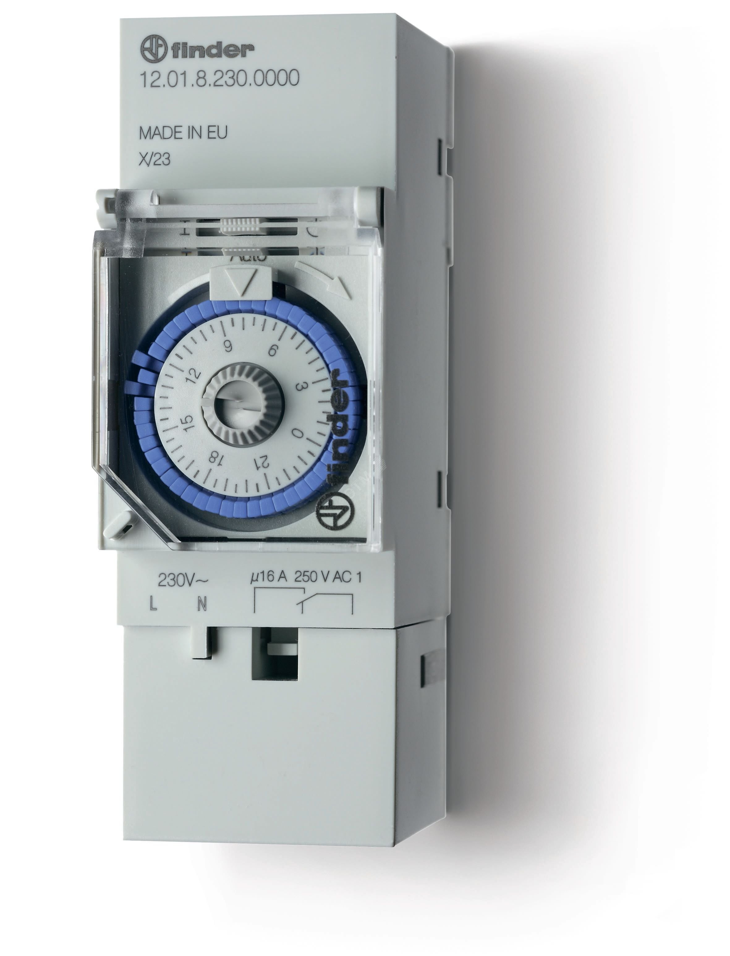 Реле времени механическое суточное, монтаж на рейку 35мм, 1NO 16A, питание 230В АC, ширина 17.6мм, резервн.источник питания, степень защиты IP20