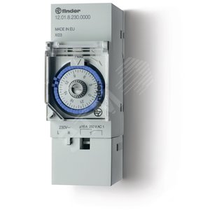 Реле времени механическое суточное, монтаж на рейку 35мм, 1NO 16A, питание 230В АC, ширина 17.6мм, резервн.источник питания, степень защиты IP20