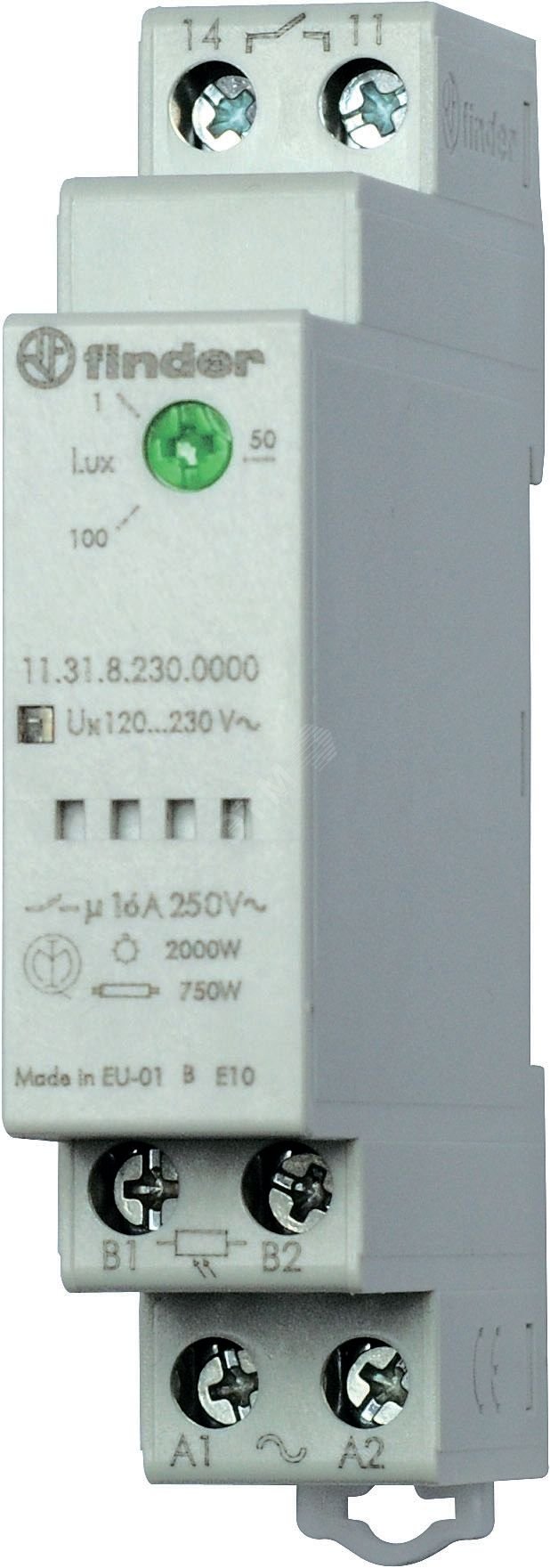 Фотореле модульное с фотоэлементом 011.03, монтаж на рейку 35мм, 1NO 16A, питание 230В АC, настройка чувствит. 1…100люкс, ширина 17.5мм, степень защит