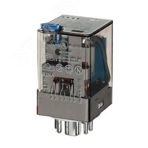 Реле универсальное электромеханическое, монтаж в розетку 11-штырьковый разъем, 3CO 10A, контакты AgNi, токовая катушка DC 0.8A, степень защиты RTI, оп