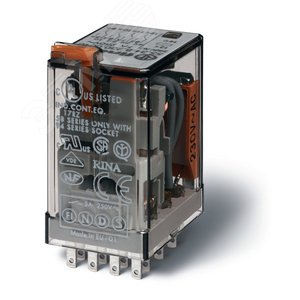 Реле электромеханическое универсальное миниатюрное, монтаж в розетку, 4CO 7A, контакты AgNi, катушка 220B DC, степень защиты RTI, опции: кнопка тест +