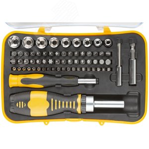 Отвертки реверсивная и для точных работ, набор 65 шт., пластиковый прорезиненный кейс