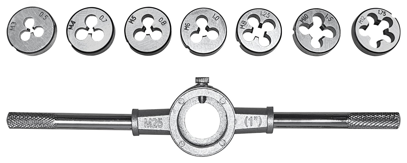 Плашки метрические, легированная сталь Профи 8 шт. М3-М12, плашкодержатель, блистер