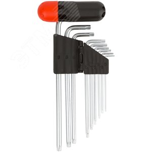 Ключи ''звездочки'' 9 шт CrV Т10-Т50, с отверстием, длинные, с пластиковой Т-образной ручкой, Профи