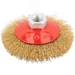 Кордщетка-колесо с наклоном, гайка М14, стальная волнистая латунированная проволока 100 мм