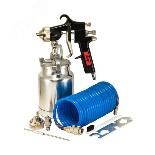 Набор пневмоинструмента Basic S1000 3 предмета (краскораспылитель с нижним бачком 1 л, спиральный шланг 5 м,  доп. сопло 2 мм с воздушной головкой и и