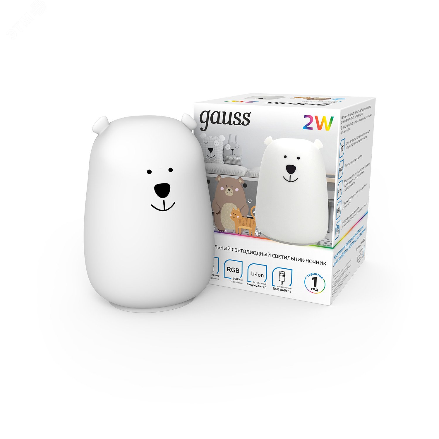 Светильник-ночник светодиодный детский LED 2 Вт модель белый с Li-ion аккумулятором и USB разъемом медведь NN Gauss