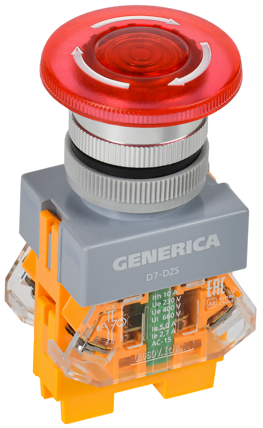 Кнопка управления D7-DZS "Грибок" d=22мм 1NC+1NO поворотная с подсветкой и фиксацией красная GENERICA