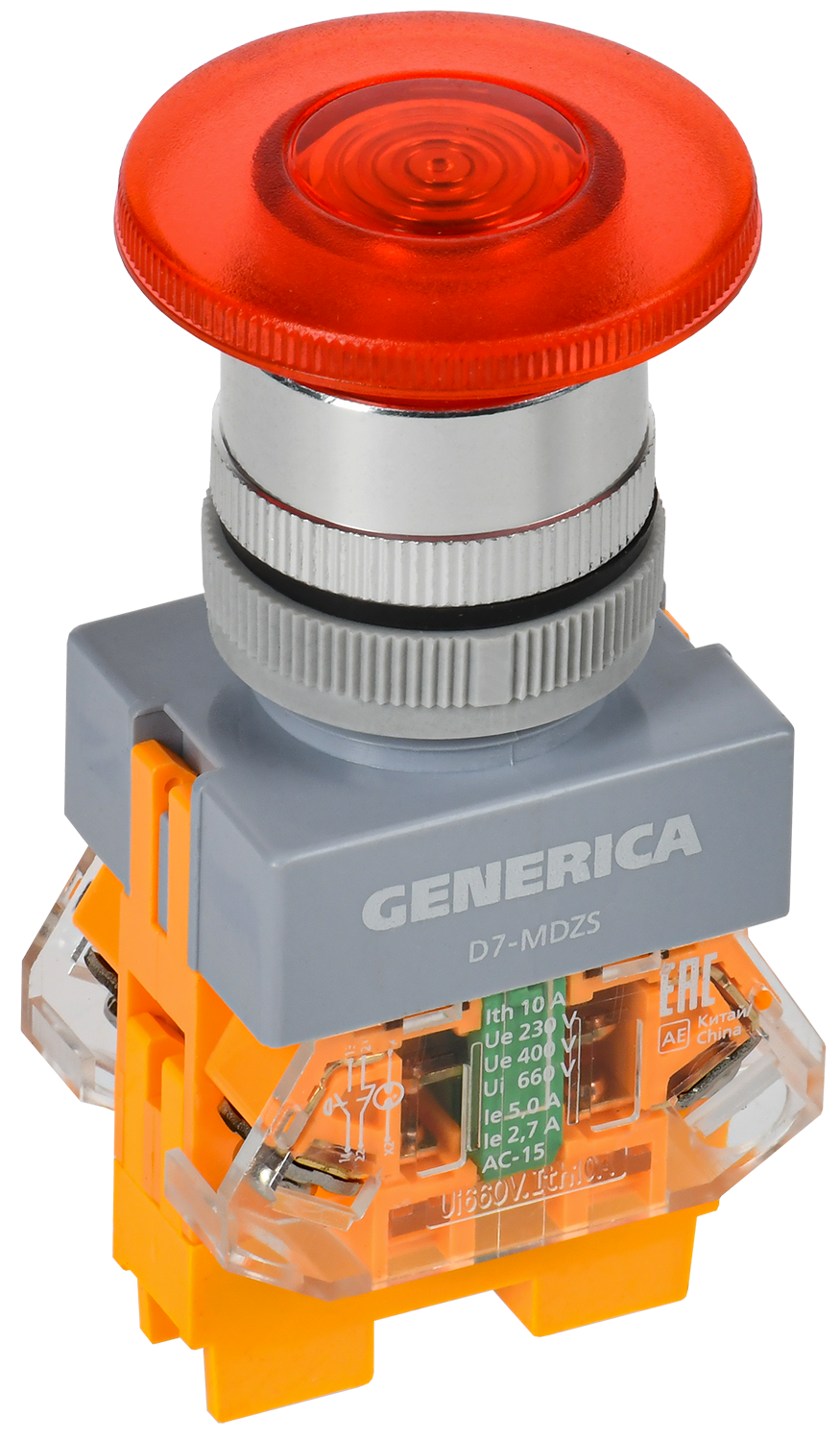 Кнопка управления D7-MDZS "Грибок" d=22мм 1NC+1NO с подсветкой и фиксацией красная GENERICA