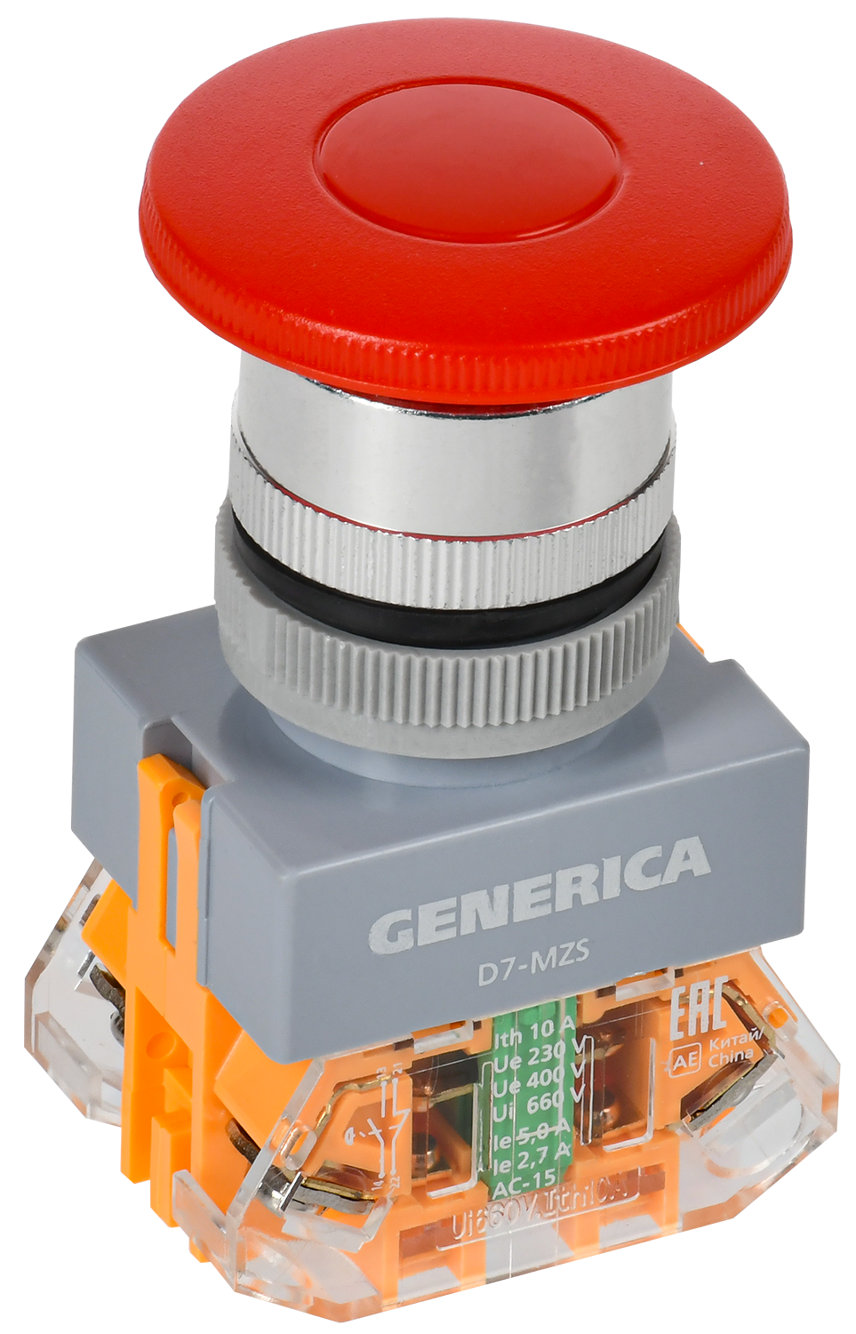 Кнопка управления D7-MZS "Грибок" d=22мм 1NC+1NO с фиксацией красная GENERICA