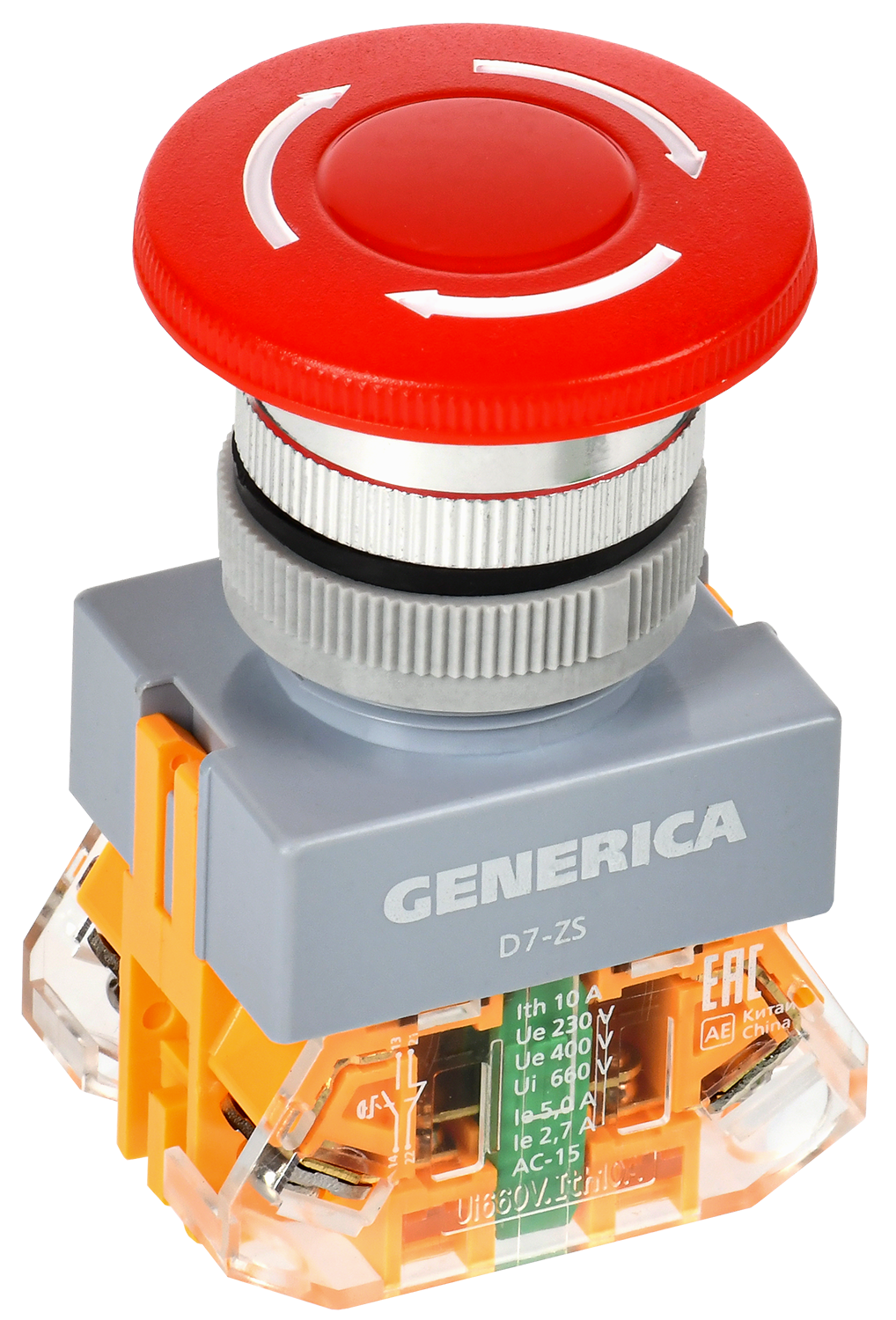 Кнопка управления D7-ZS "Грибок" d=22мм 1NC+1NO поворотная с фиксацией красная GENERICA