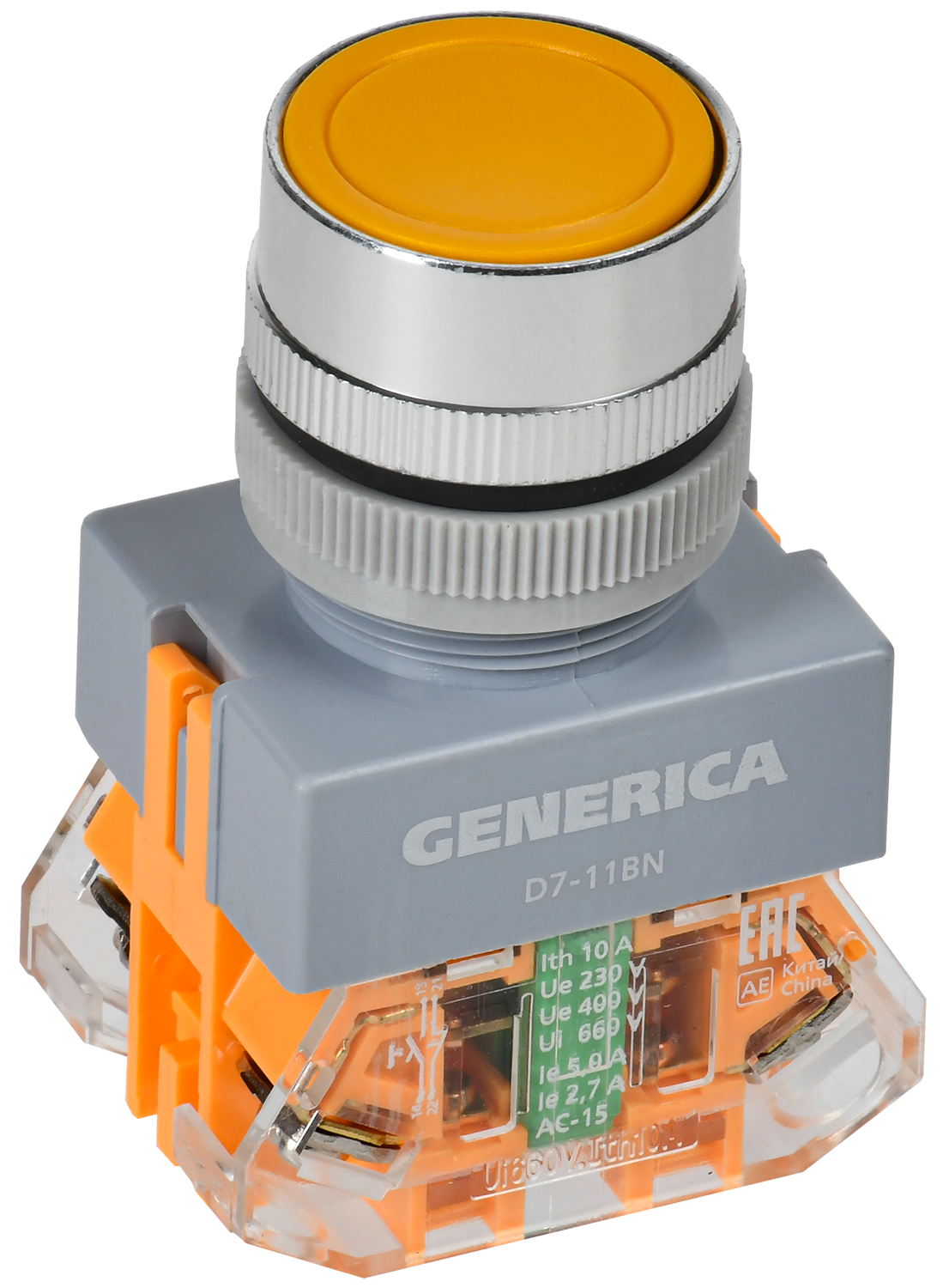 Кнопка управления D7-11BN d=22мм 1NC+1NO желтая GENERICA