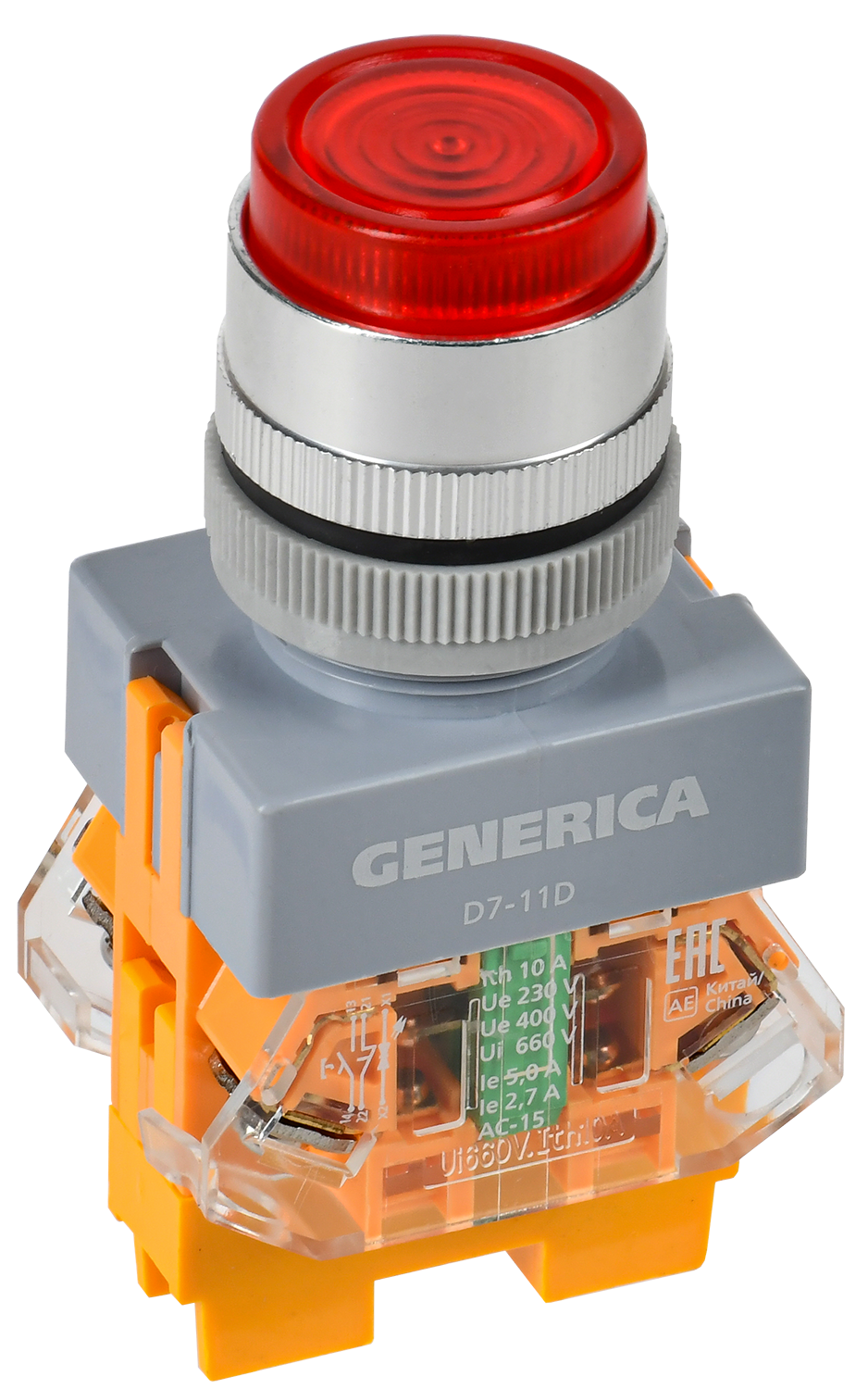 Кнопка управления D7-11D d=22мм 1NC+1NO с подсветкой красная GENERICA