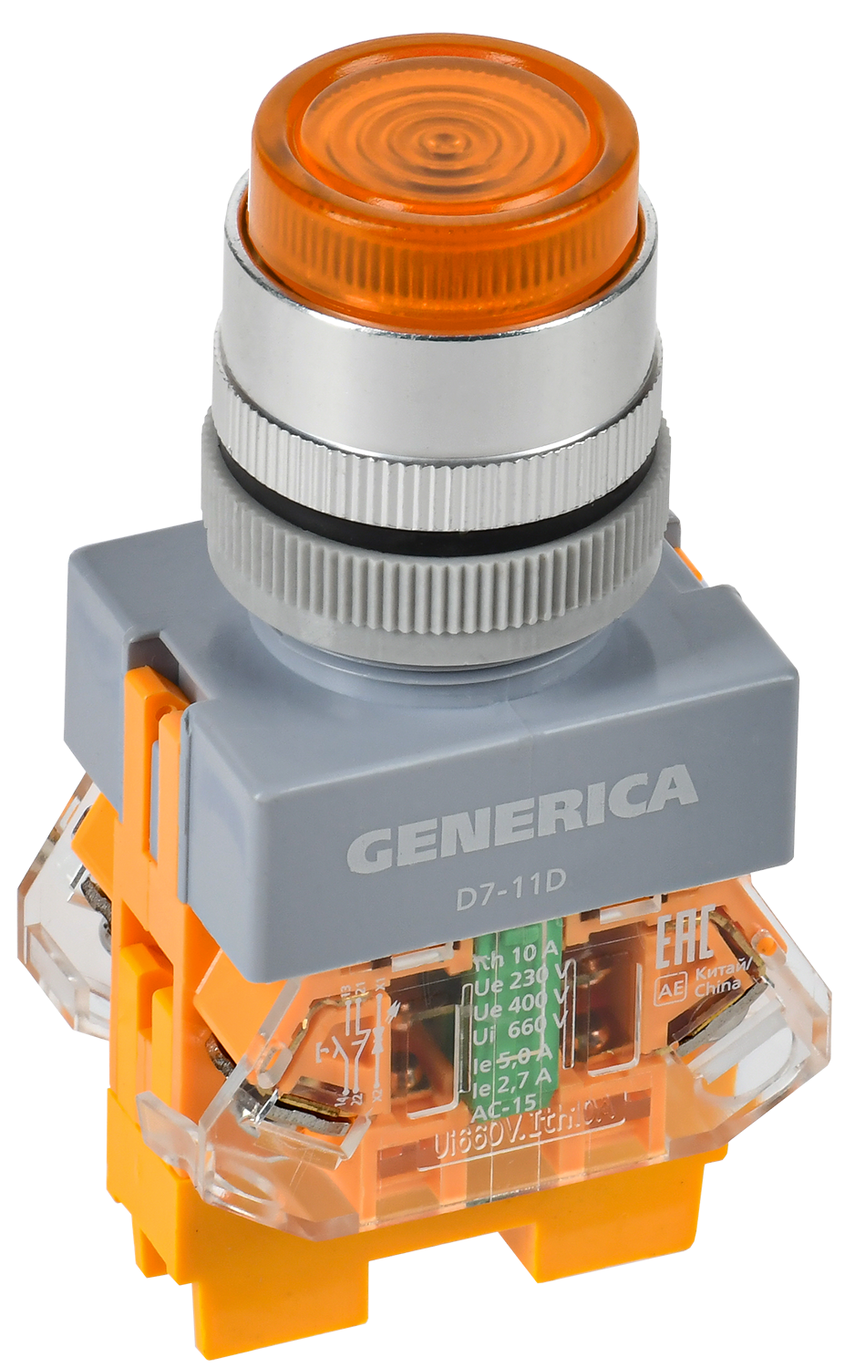 Кнопка управления D7-11D d=22мм 1NC+1NO с подсветкой желтая GENERICA