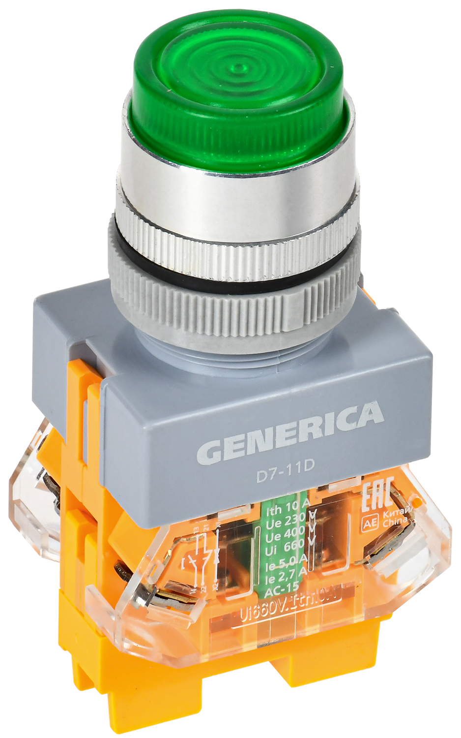 Кнопка управления D7-11D d=22мм 1NC+1NO с подсветкой зеленая GENERICA