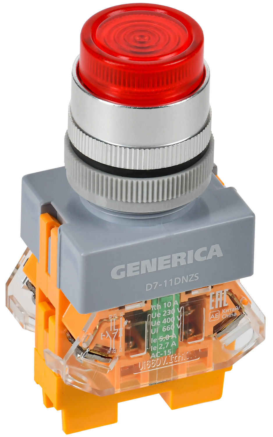 Кнопка управления D7-11DNZS d=22мм 1NC+1NO с подсветкой и фиксацией красная GENERICA