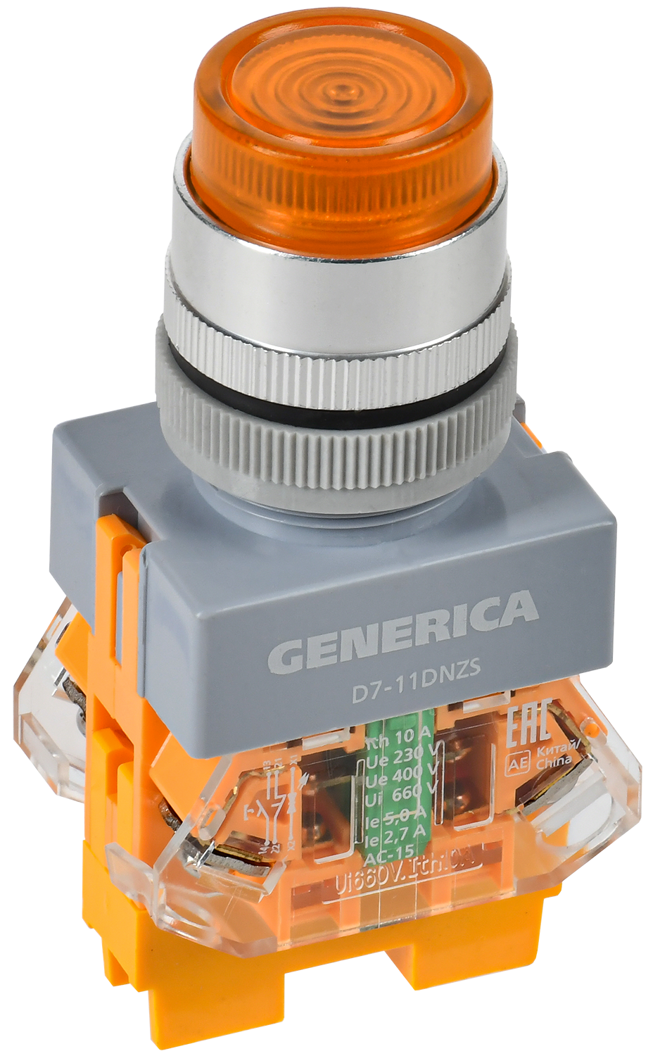 Кнопка управления D7-11DNZS d=22мм 1NC+1NO с подсветкой и фиксацией желтая GENERICA