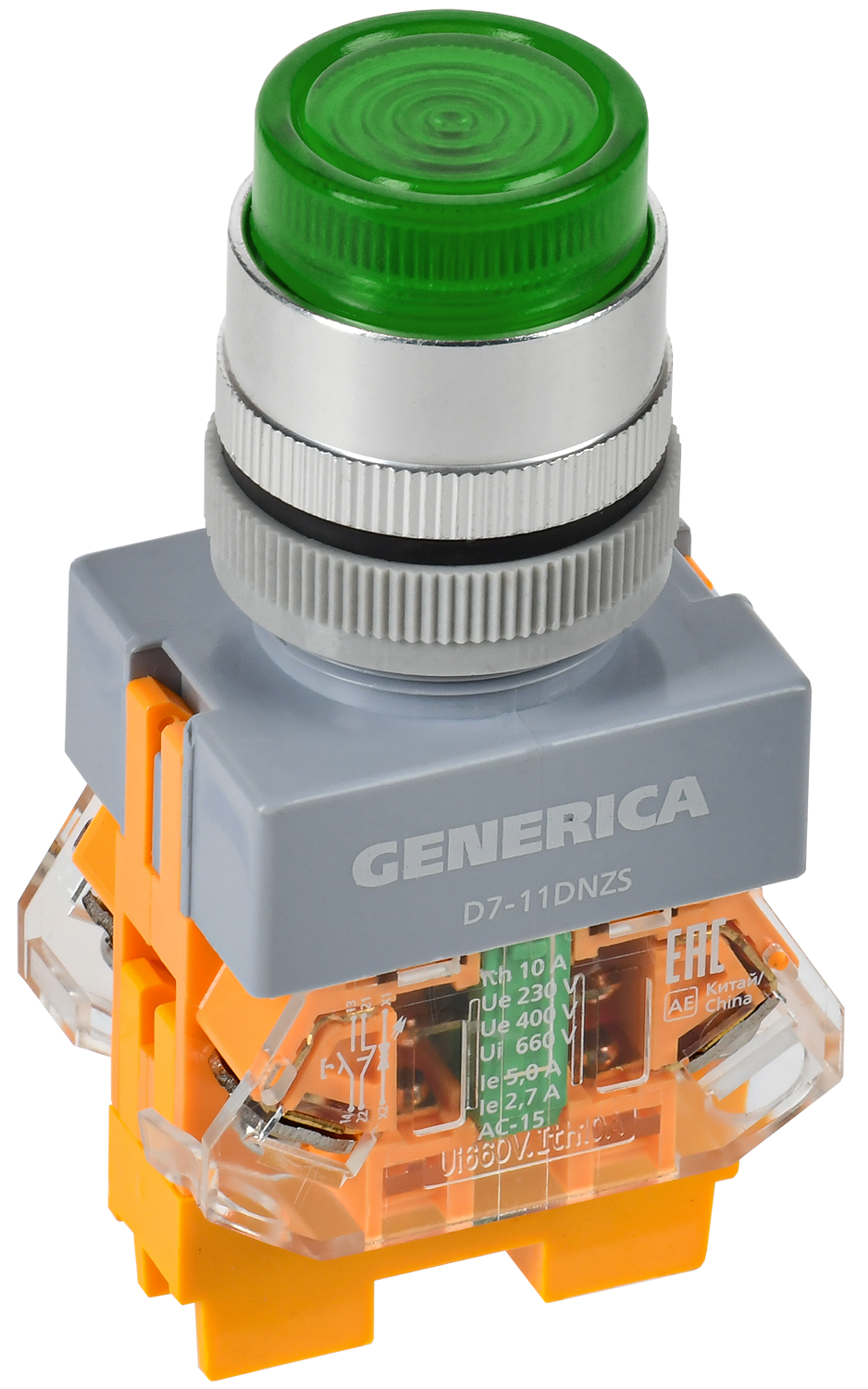 Кнопка управления D7-11DNZS d=22мм 1NC+1NO с подсветкой и фиксацией зеленая GENERICA