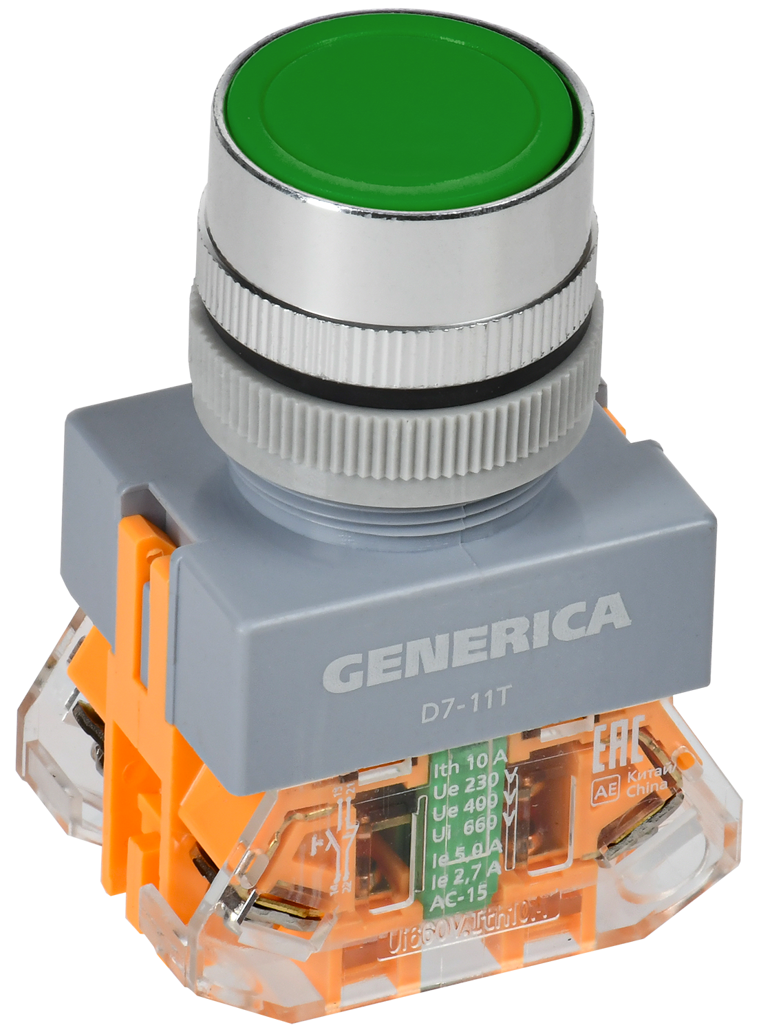Кнопка управления D7-11T d=22мм 1NC+1NO с фиксацией зеленая GENERICA