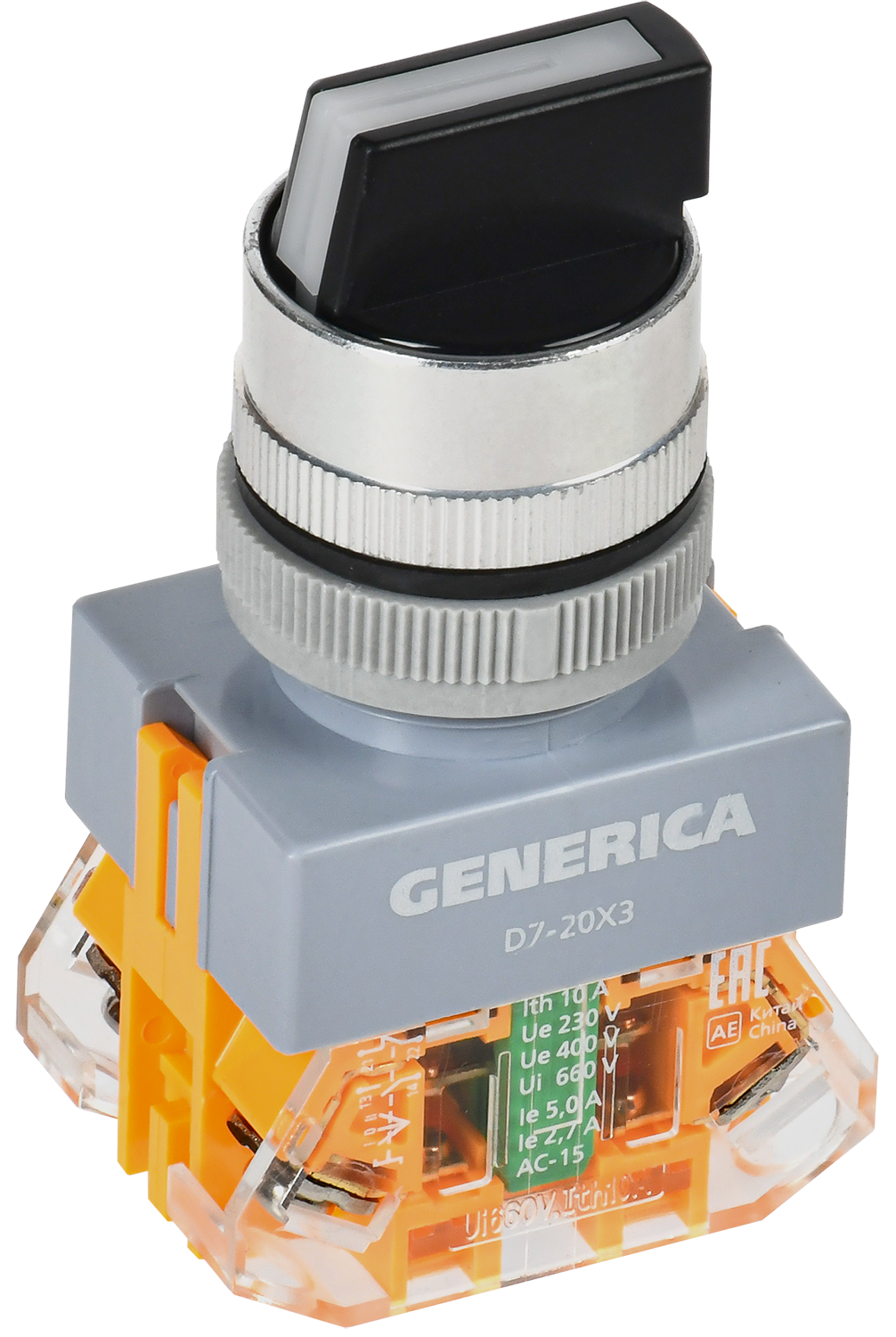 Переключатель D7-20X3 на 3 положения 1NC+1NO черный GENERICA