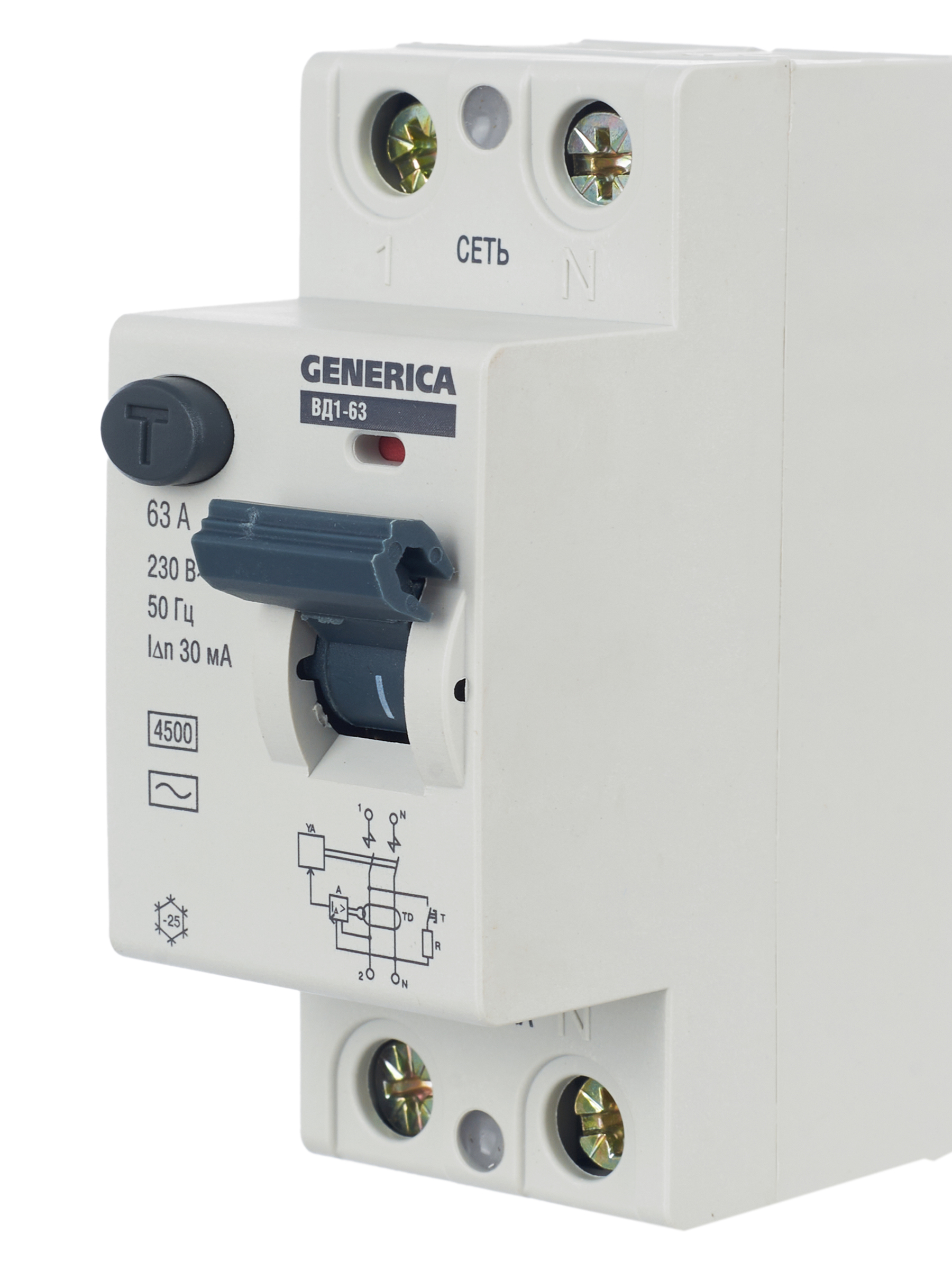 Выключатель дифференциальный (УЗО) ВД1-63 2Р 63А 30мА GENERICA