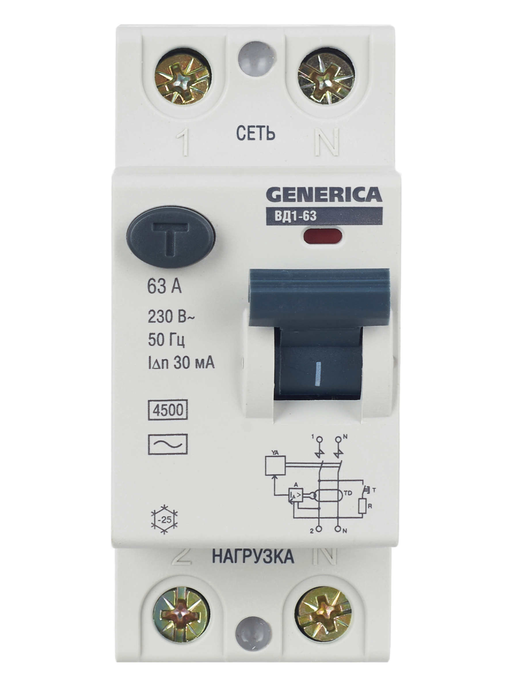 Выключатель дифференциальный (УЗО) ВД1-63 2Р 63А 30мА GENERICA