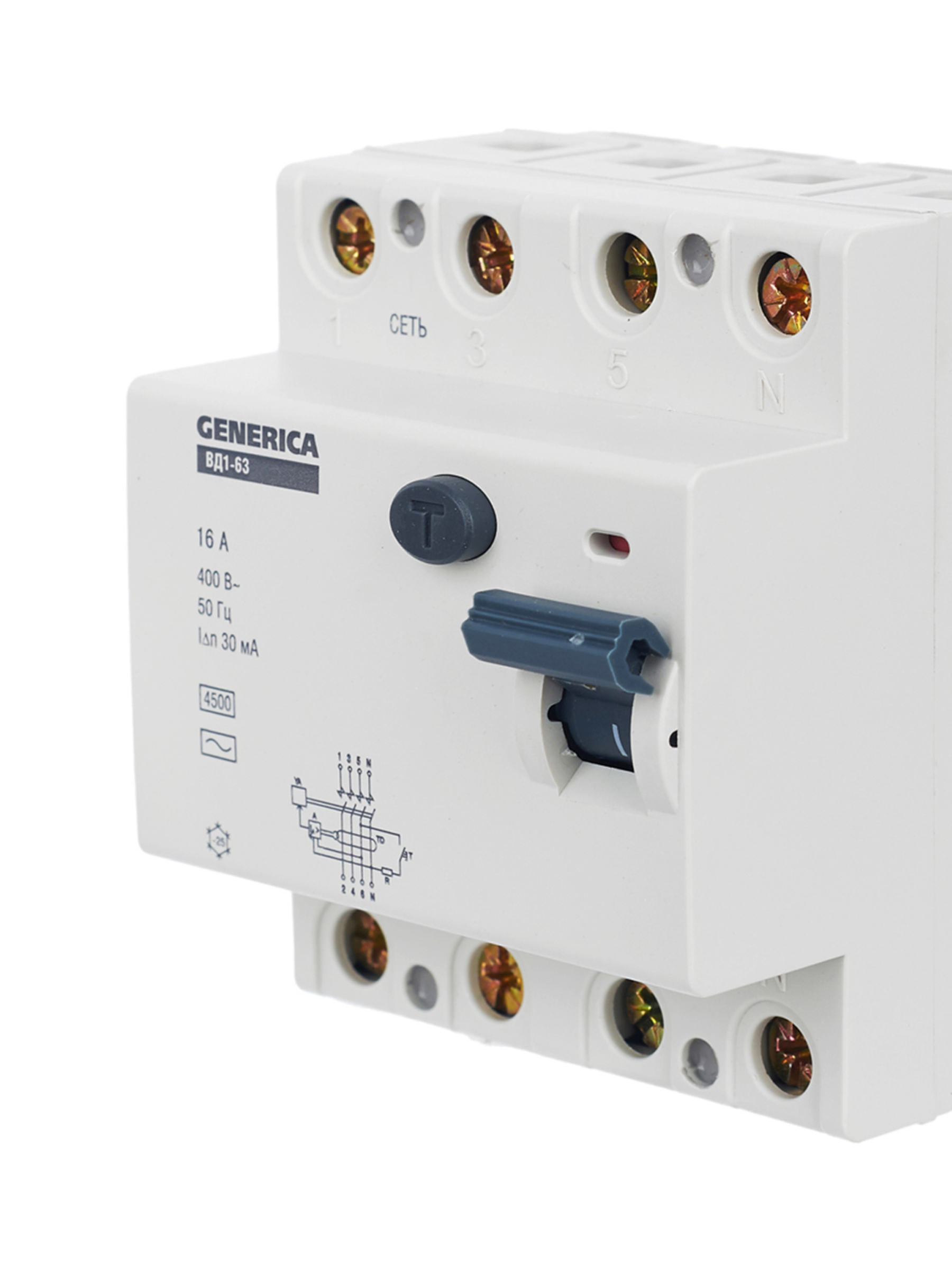 Выключатель дифференциальный (УЗО) ВД1-63 4Р 16А 30мА GENERICA
