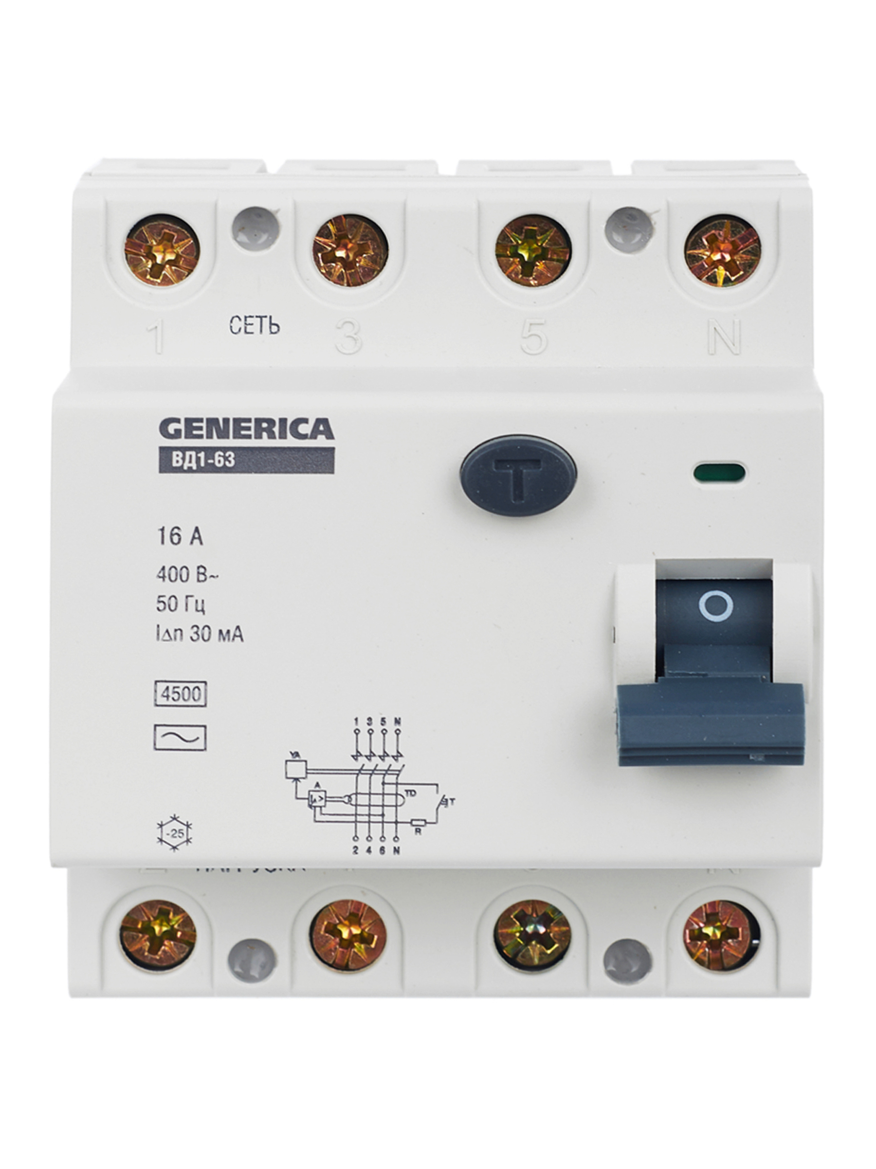 Выключатель дифференциальный (УЗО) ВД1-63 4Р 16А 30мА GENERICA