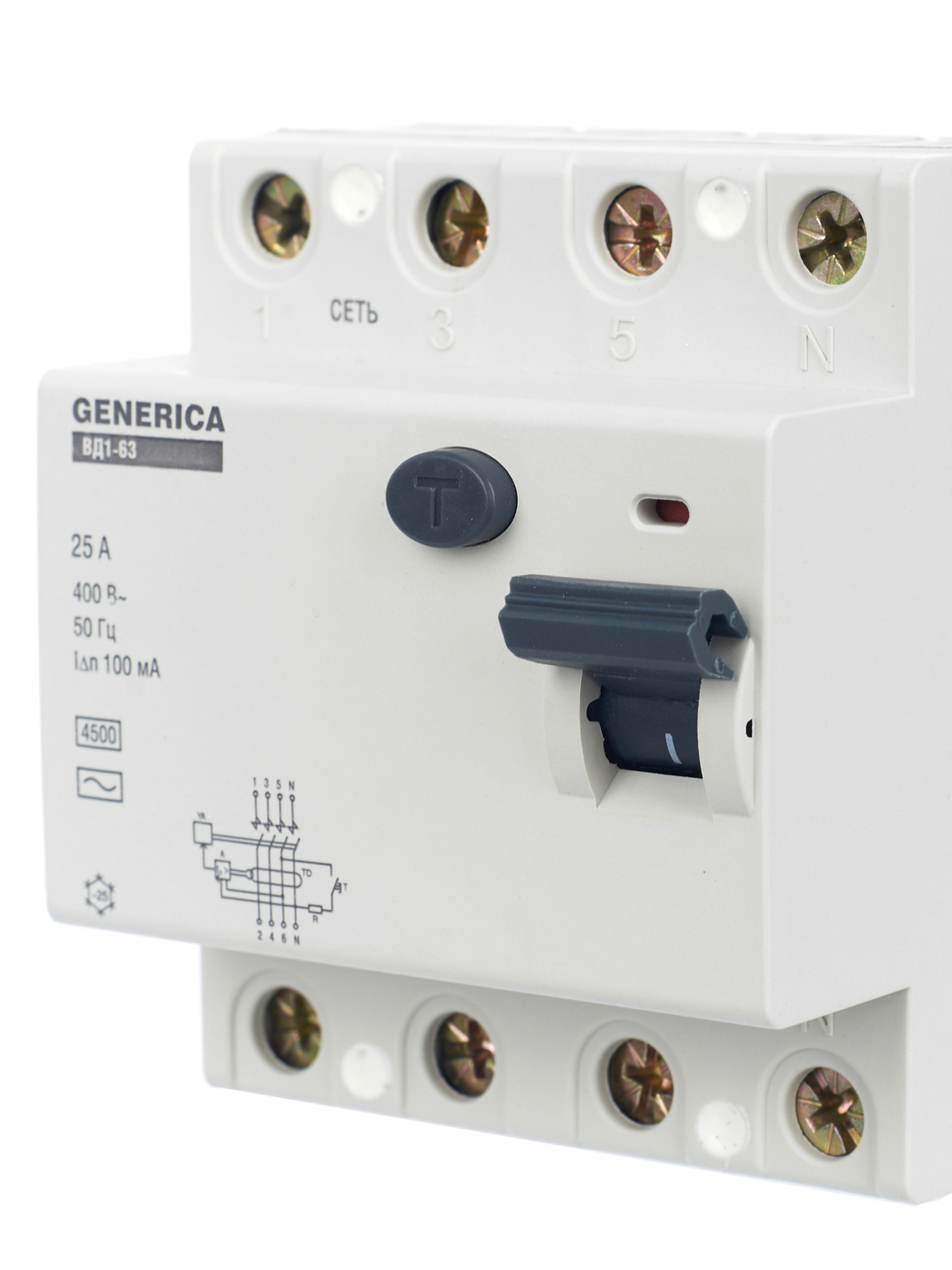 Выключатель дифференциальный (УЗО) ВД1-63 4Р 25А 100мА GENERICA