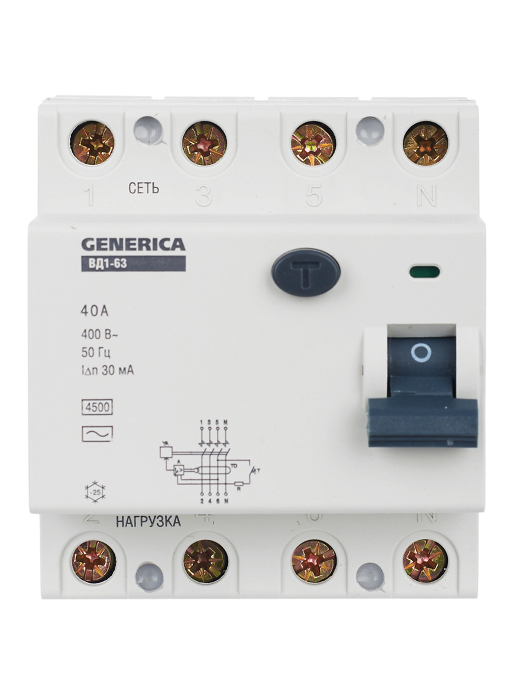 Выключатель дифференциальный (УЗО) ВД1-63 4Р 40А 30мА GENERICA