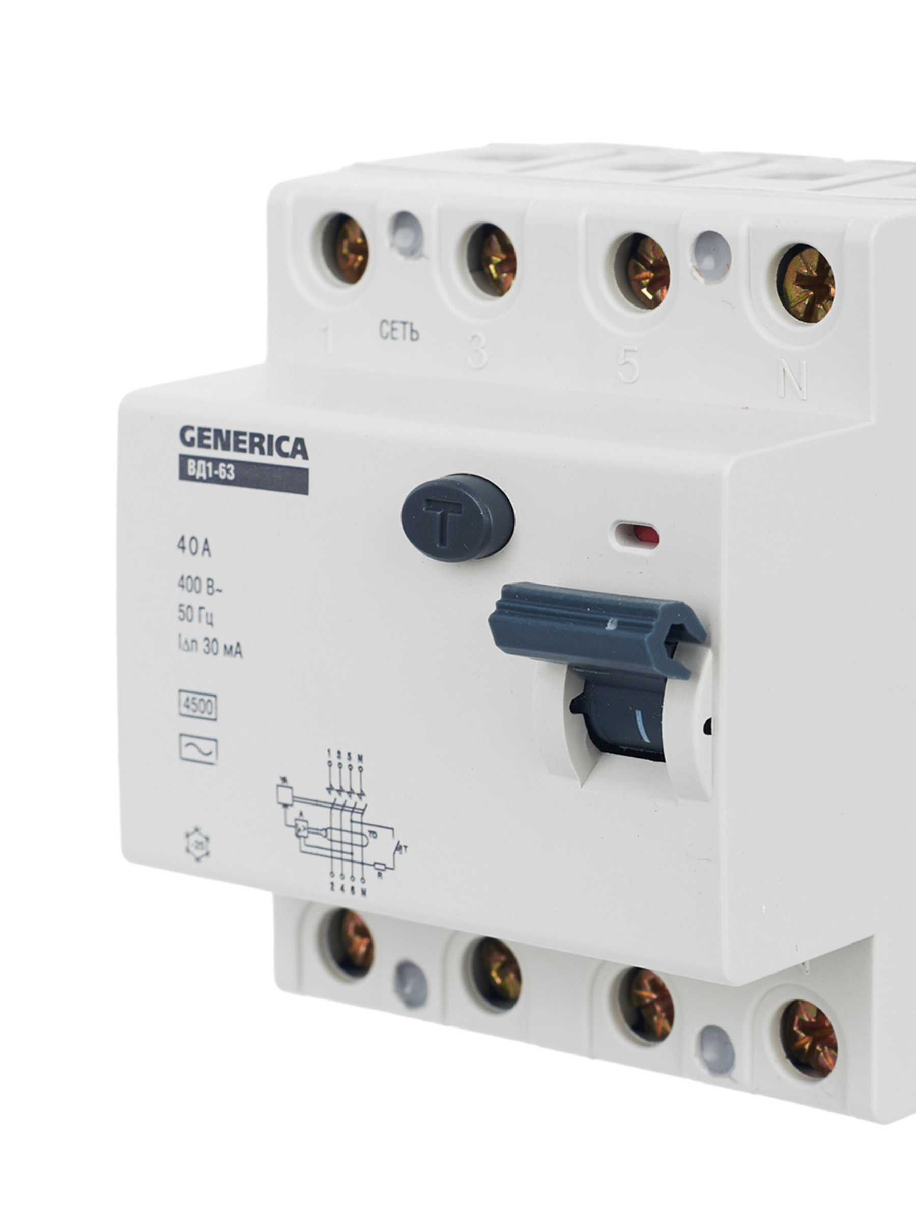 Выключатель дифференциальный (УЗО) ВД1-63 4Р 40А 30мА GENERICA