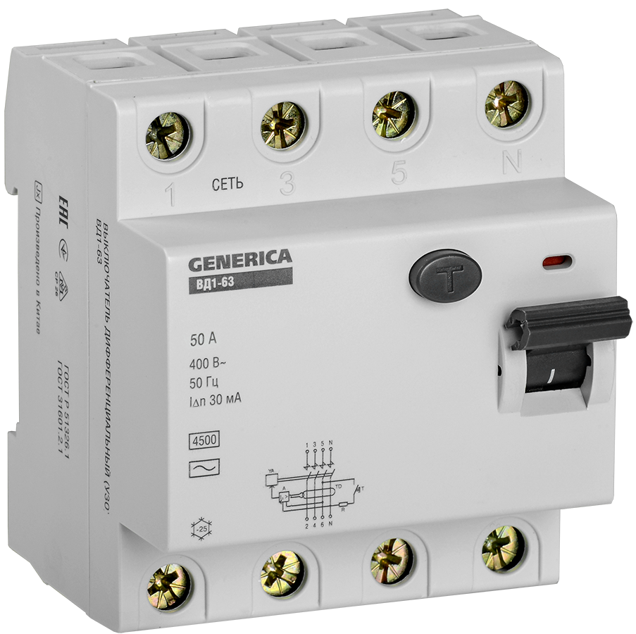 Выключатель дифференциальный (УЗО) ВД1-63 4Р 50А 30мА GENERICA