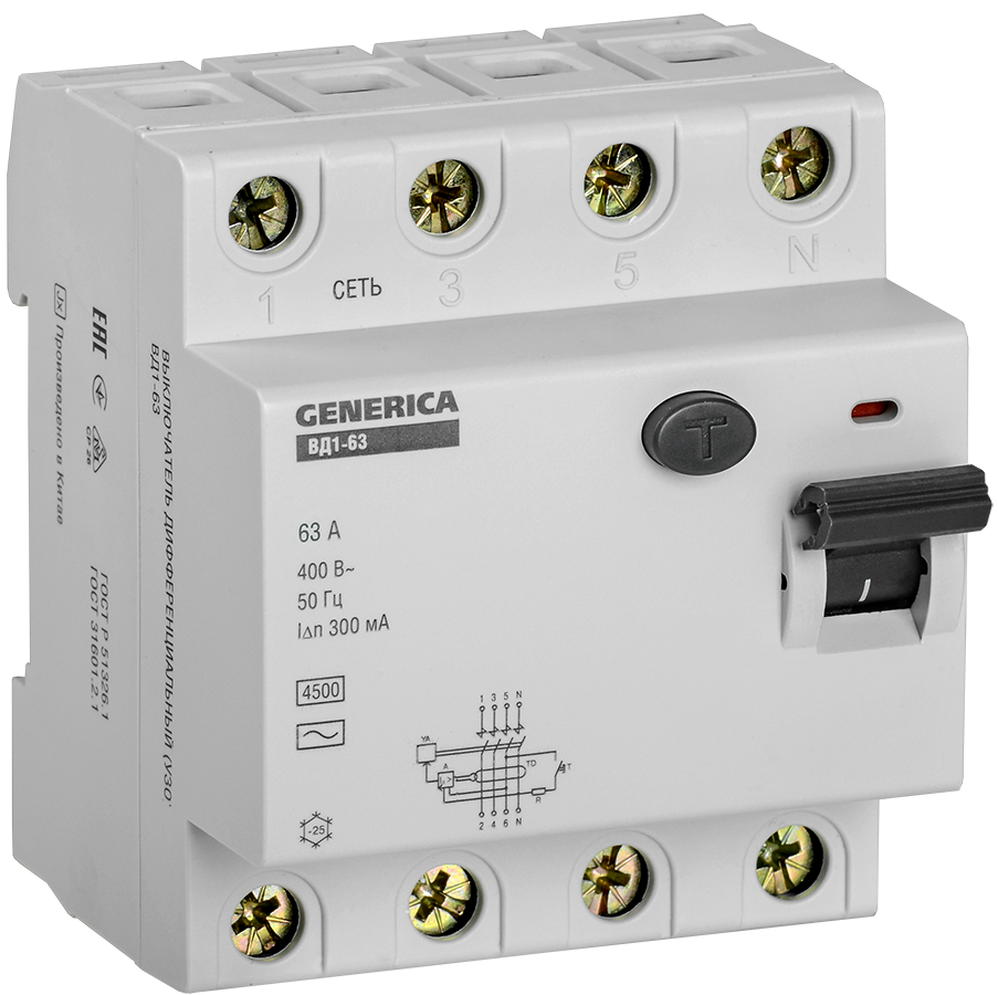 Выключатель дифференциальный (УЗО) ВД1-63 4Р 63А 300мА GENERICA