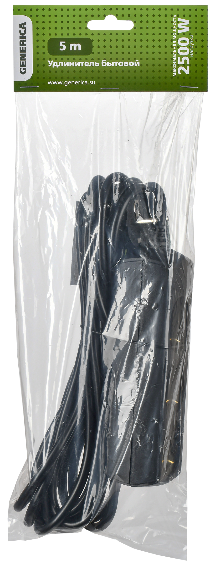 Удлинитель У03 3 места с заземлением 5м 3х1мм2 10А/250В черный GENERICA
