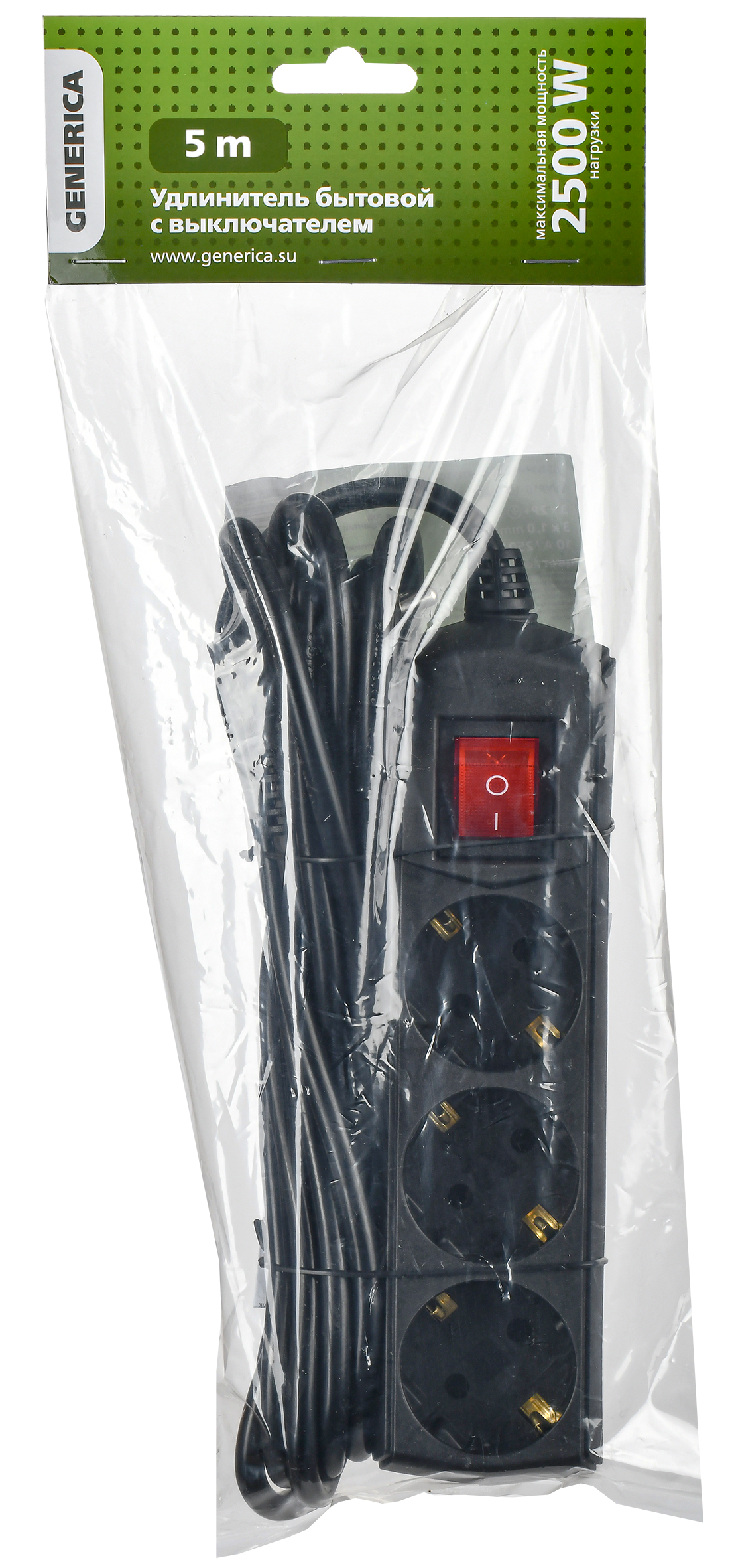 Удлинитель У03В 3 места с заземлением 5м 3х1мм2 10А/250В черный GENERICA