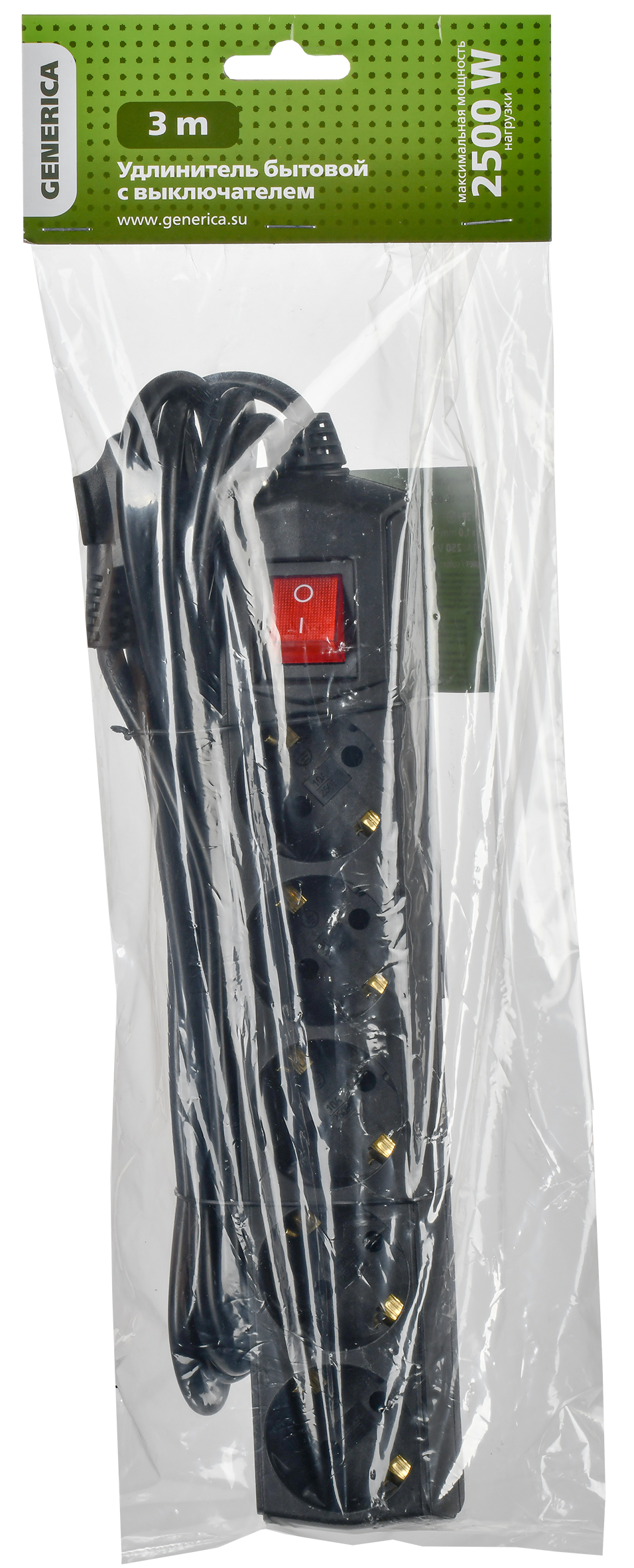 Удлинитель У05В 5 мест с заземлением 3м 3х1мм2 10А/250В черный GENERICA