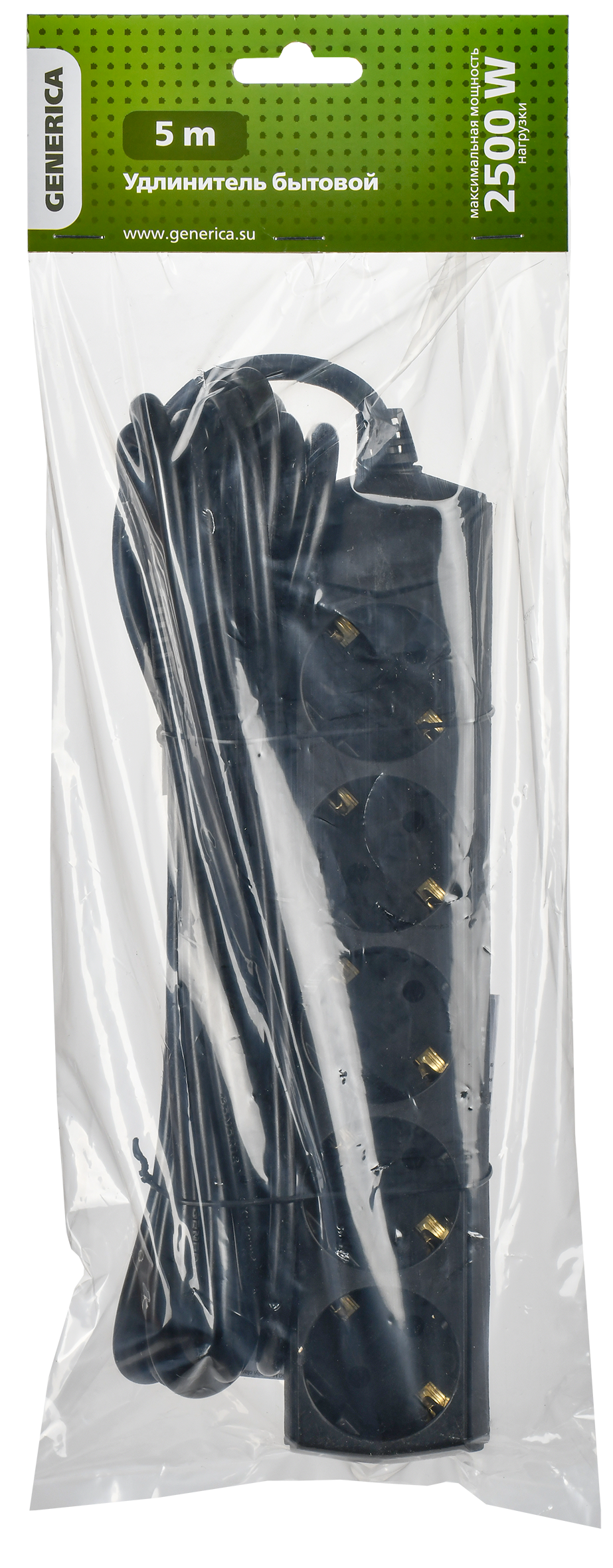 Удлинитель У05 5 мест с заземлением 5м 3х1мм2 10А/250В черный GENERICA