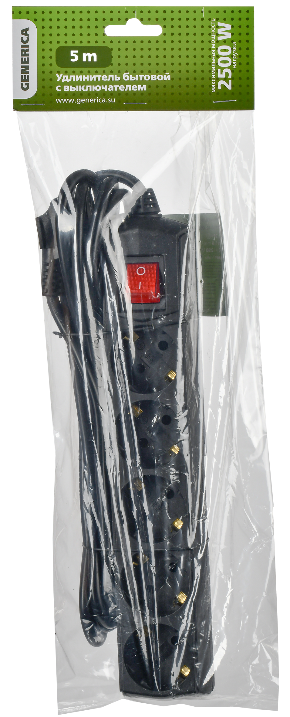 Удлинитель У05В 5 мест с заземлением 5м 3х1мм2 10А/250В черный GENERICA
