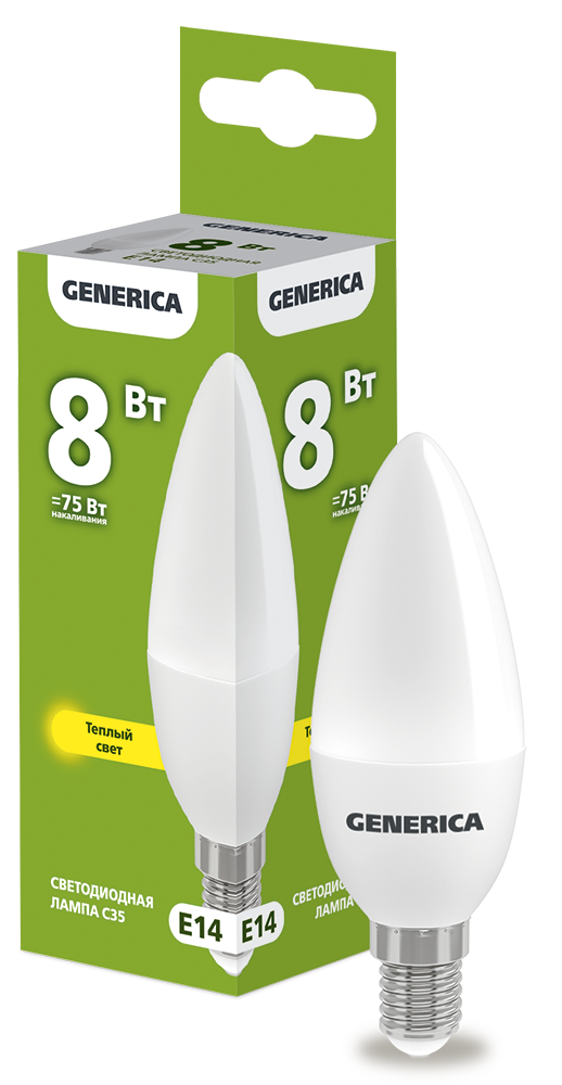 Лампа светодиодная C35 свеча 8Вт 230В 3000К E14 GENERICA
