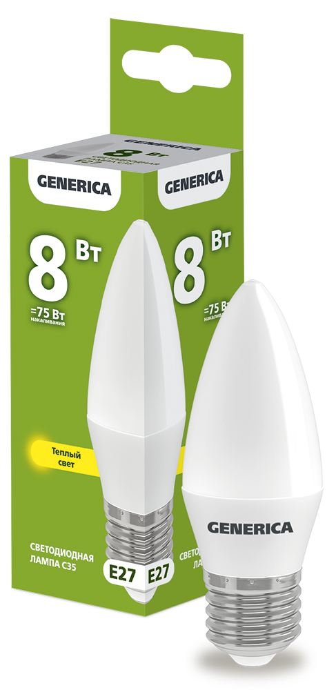 Лампа светодиодная C35 свеча 8Вт 230В 3000К E27 GENERICA