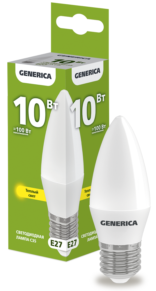 Лампа светодиодная C35 свеча 10Вт 230В 3000К E27 GENERICA