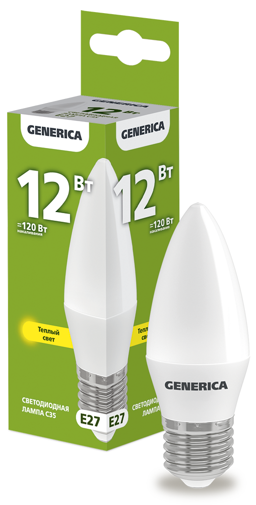 Лампа светодиодная C35 свеча 12Вт 230В 3000К E27 GENERICA