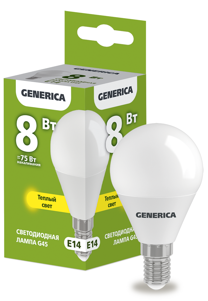 Лампа светодиодная G45 шар 8Вт 230В 3000К E14 GENERICA