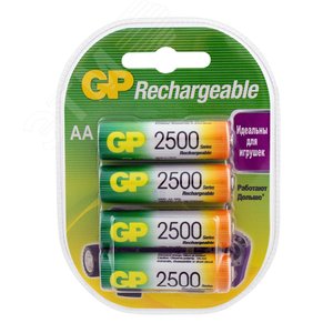 Аккумулятор перезаряжаемый GP 250AAHC AA, емкость 2450 мАч - 4 шт. в клемшеле