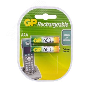 Аккумулятор перезаряжаемый GP 65AAAHC AAA, емкость 650 мАч - 2 шт. в клемшеле