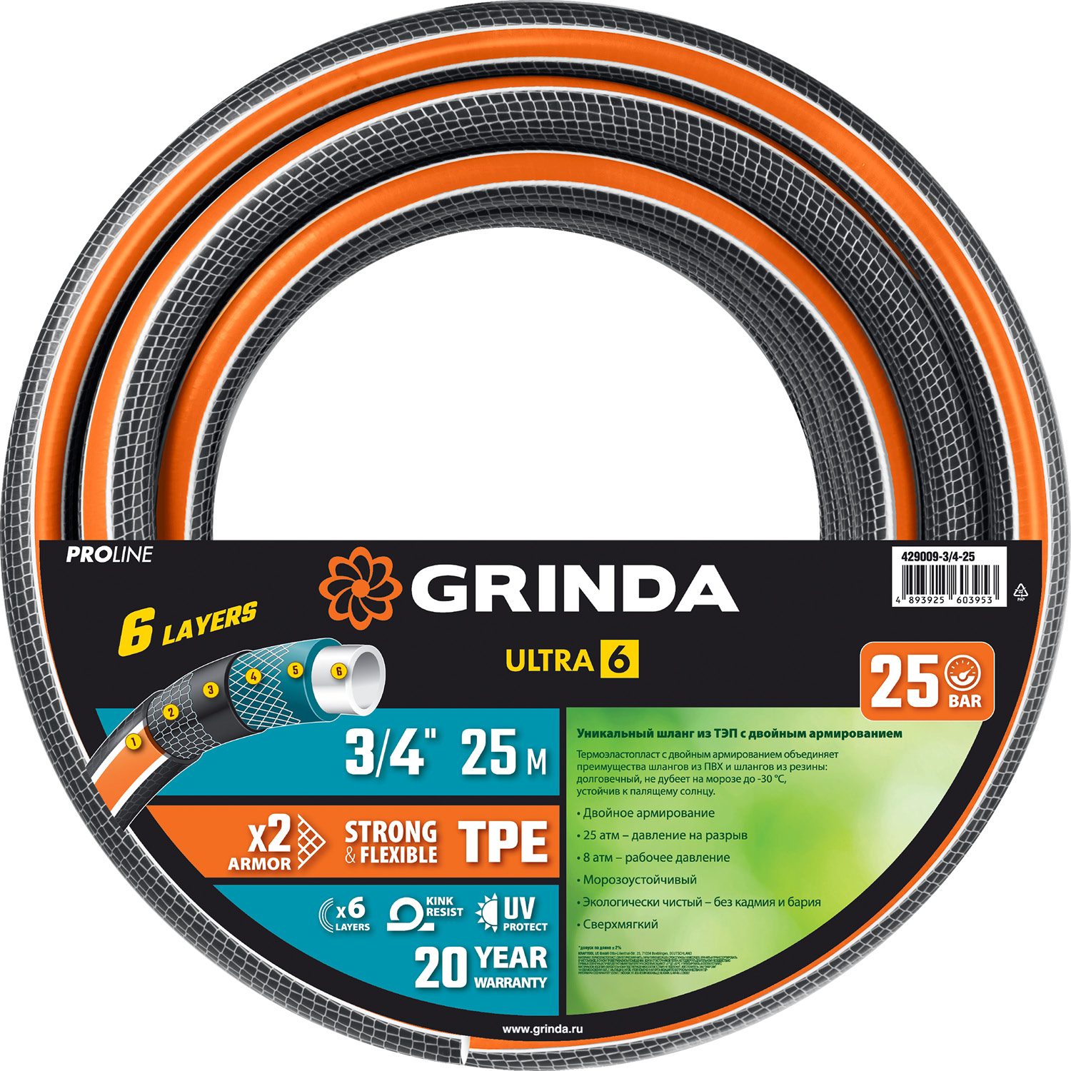 GRINDA ULTRA 6, 3/4″, 25 м, 25 атм, шестислойный, двойное армирование, поливочный шланг, PROLine (429009-3/4-25)