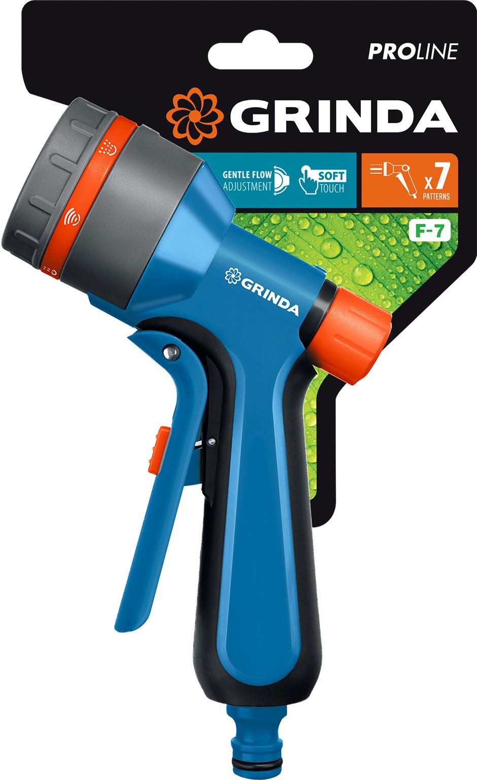GRINDA F-7, 7 режимов, курок спереди, двухкомпонентный с регулятором напора, поливочный пистолет, PROLine (429120)